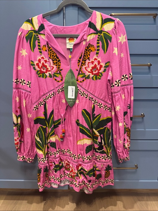 FARM Rio Dresses & Skirts - FARM Rio Hot Pink Leopard Floral Tropical Zip-Front Tunic with Green Palm Motif